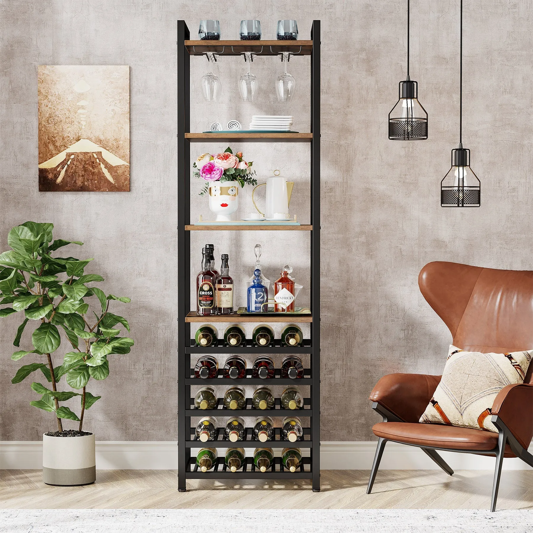 9-Tier Wine Rack, 20 Bottle Wine Bar Cabinet with Glass Holder