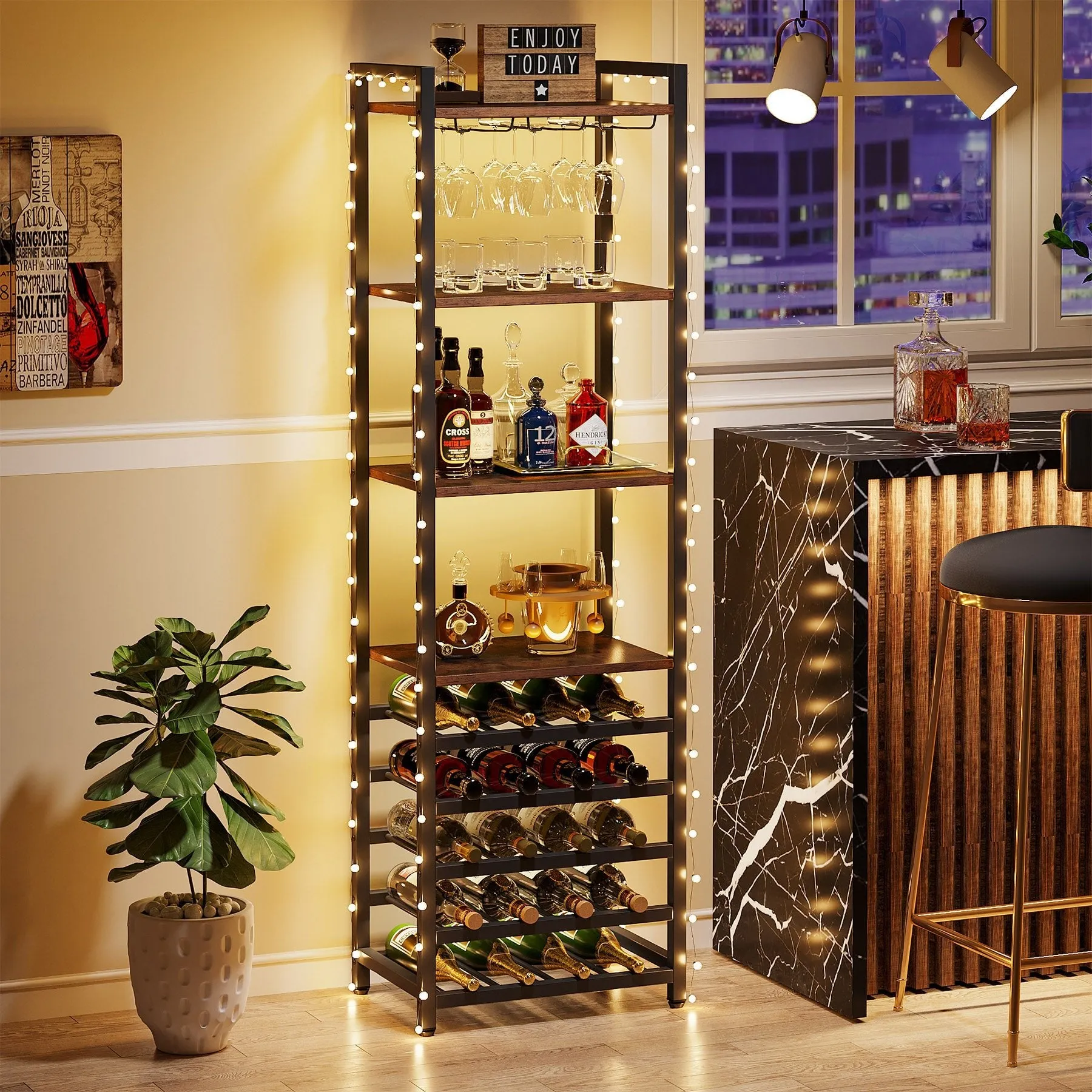 9-Tier Wine Rack, 20 Bottle Wine Bar Cabinet with Glass Holder