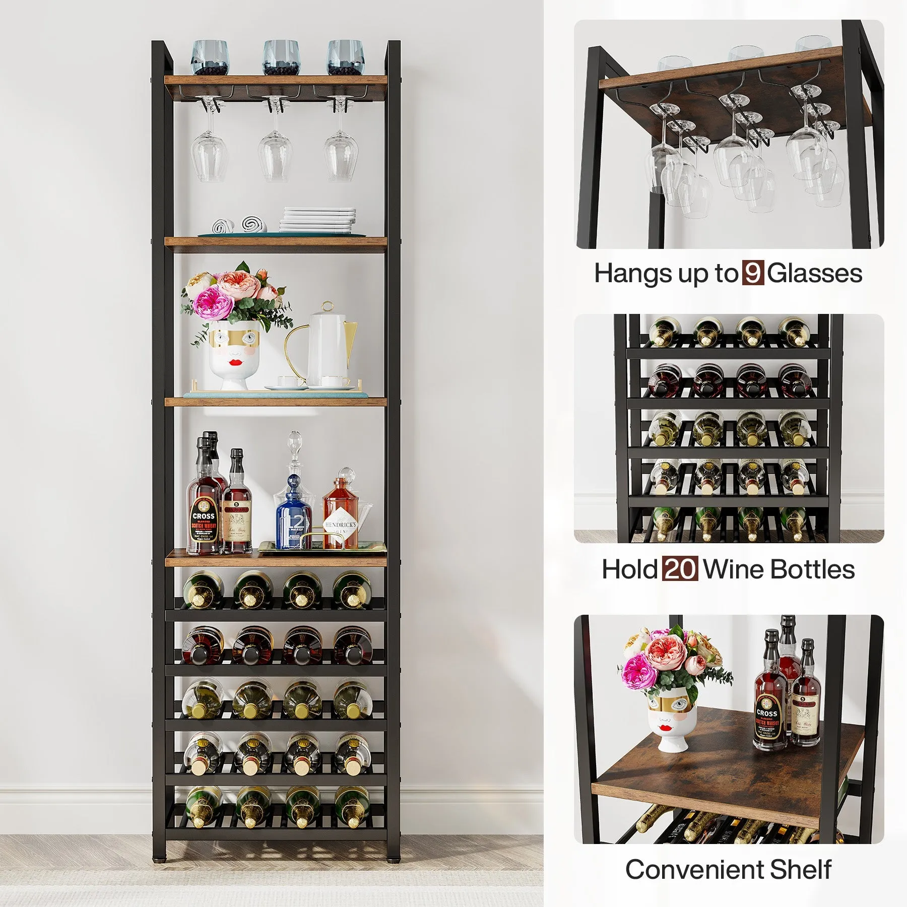 9-Tier Wine Rack, 20 Bottle Wine Bar Cabinet with Glass Holder