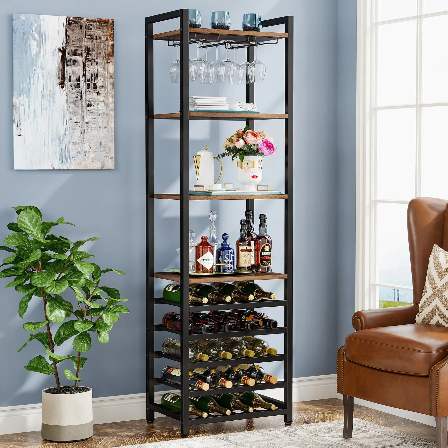 9-Tier Wine Rack, 20 Bottle Wine Bar Cabinet with Glass Holder