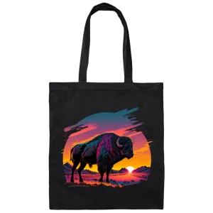 A Bison In Front Of The Sunset, Neon Style, Smooth Lines, Best Of Cow Canvas Tote Bag