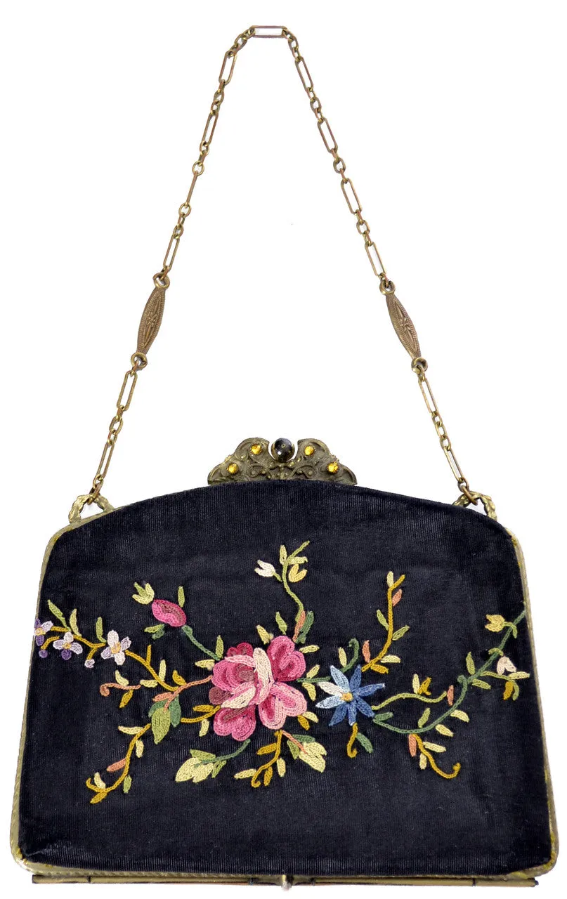 Antique Embroidered Crewel Victorian Hinged Handbag