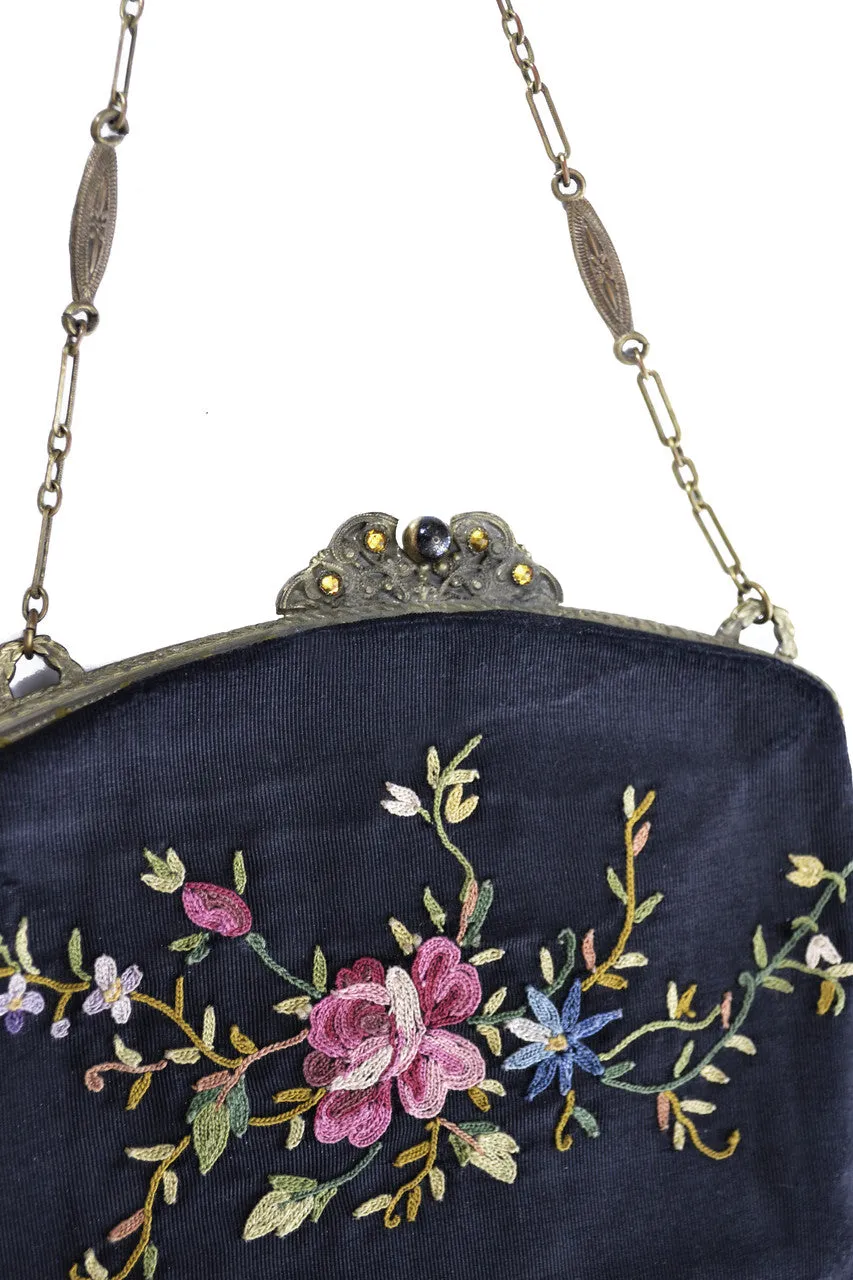 Antique Embroidered Crewel Victorian Hinged Handbag