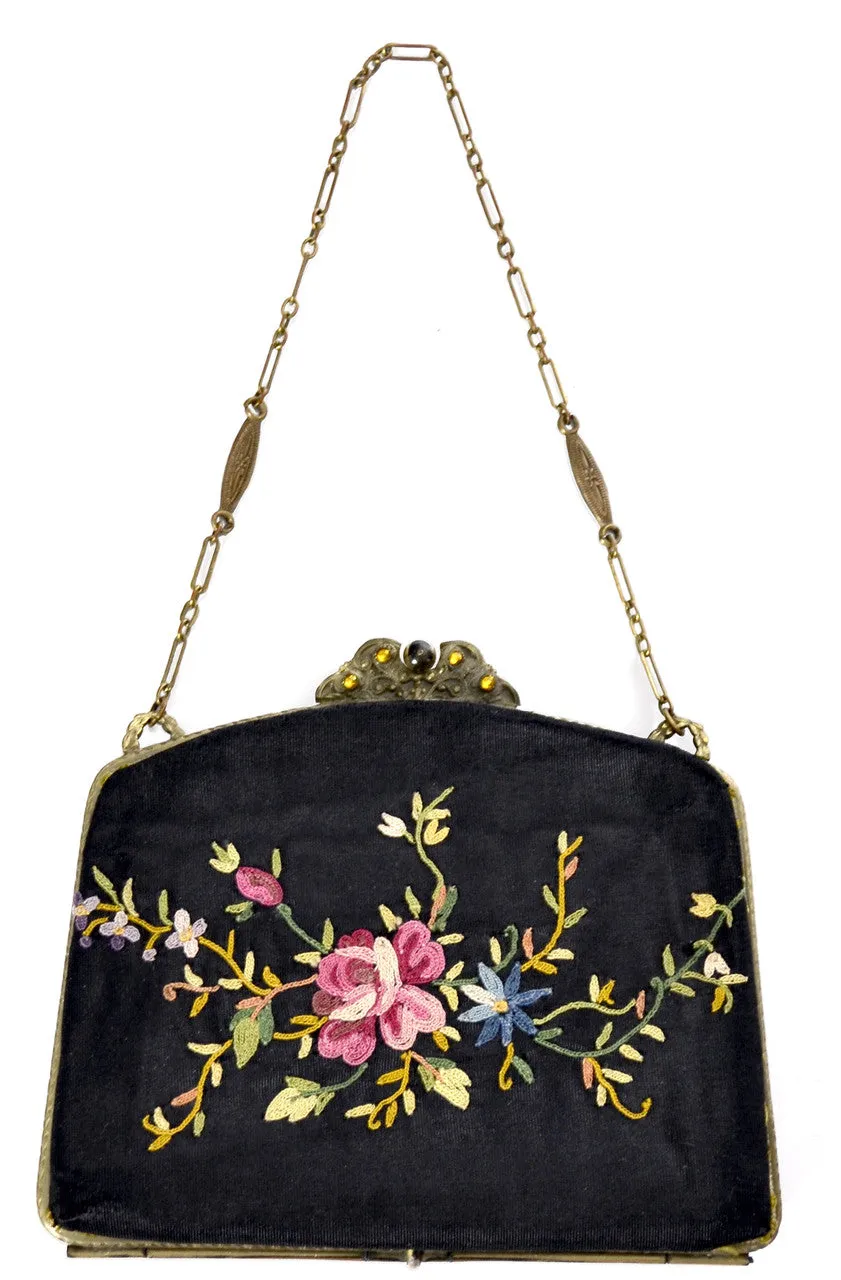 Antique Embroidered Crewel Victorian Hinged Handbag