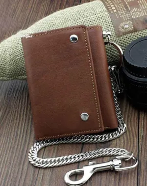 Badass Brown Leather Men's Trifold Small Biker Wallet Chain Wallet Wallet with chain For Men