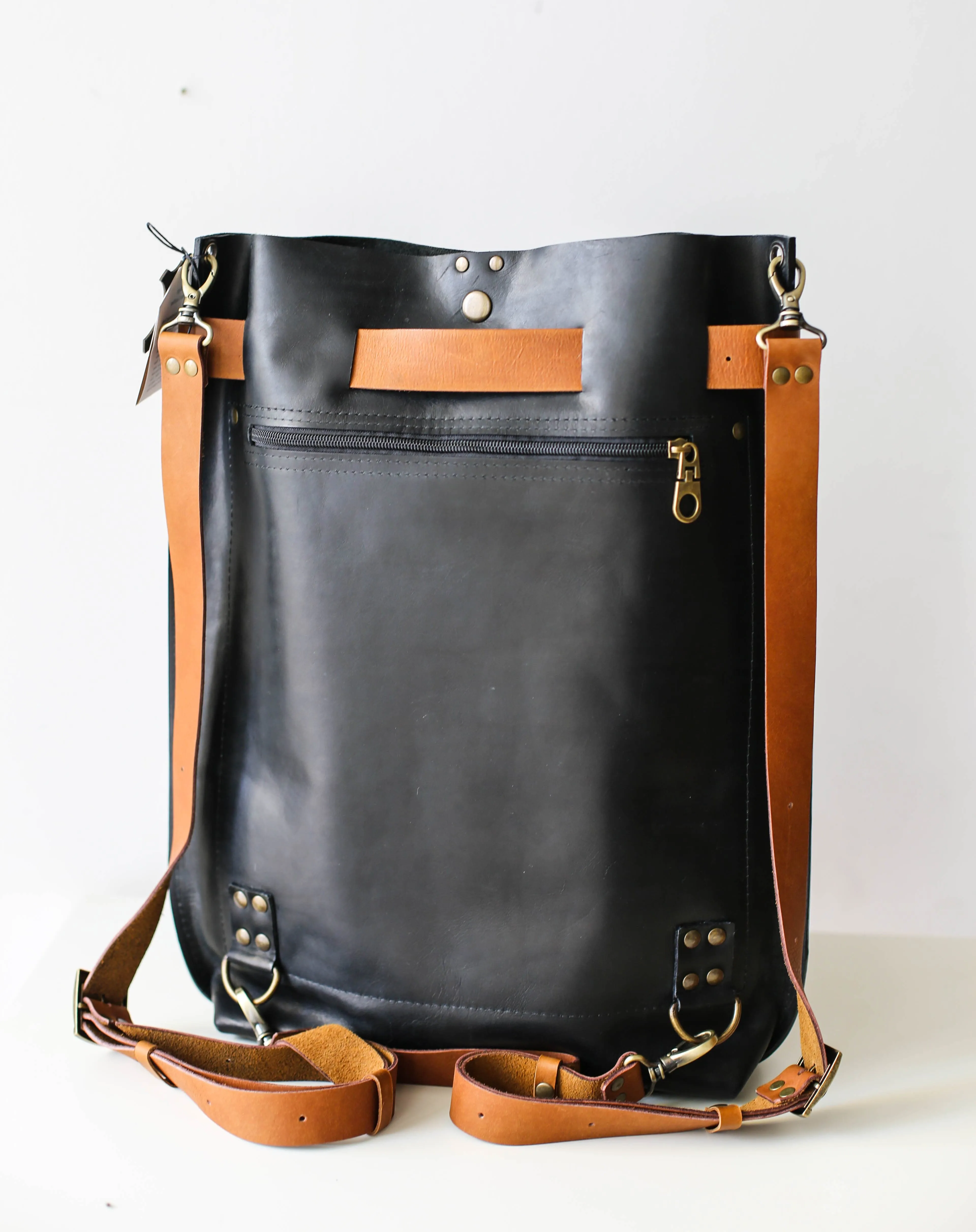 Black w/Brown Large Leather Backpack Purse