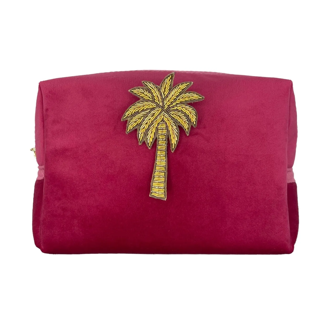 Bright pink make-up bag & palm tree pin - recycled velvet