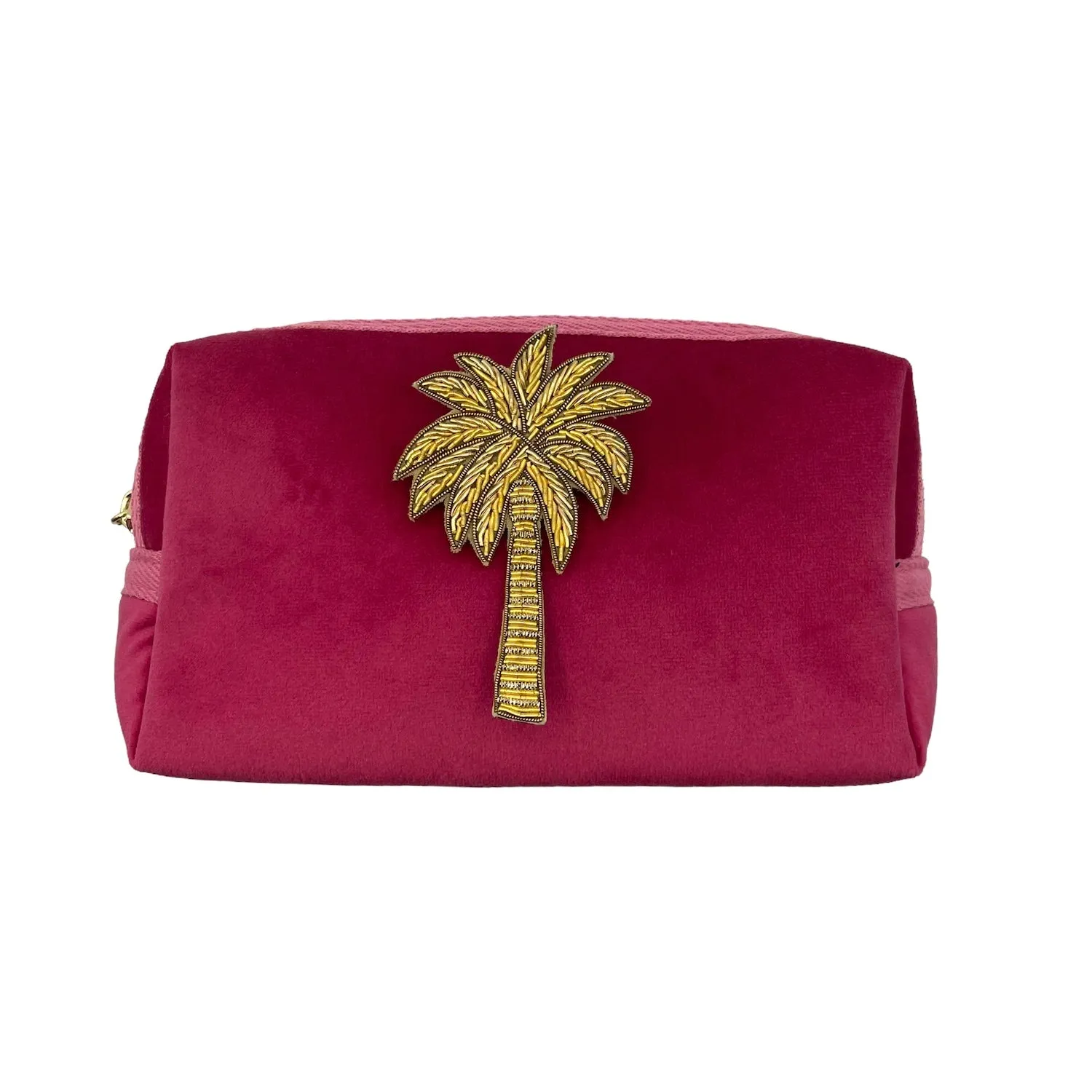 Bright pink make-up bag & palm tree pin - recycled velvet