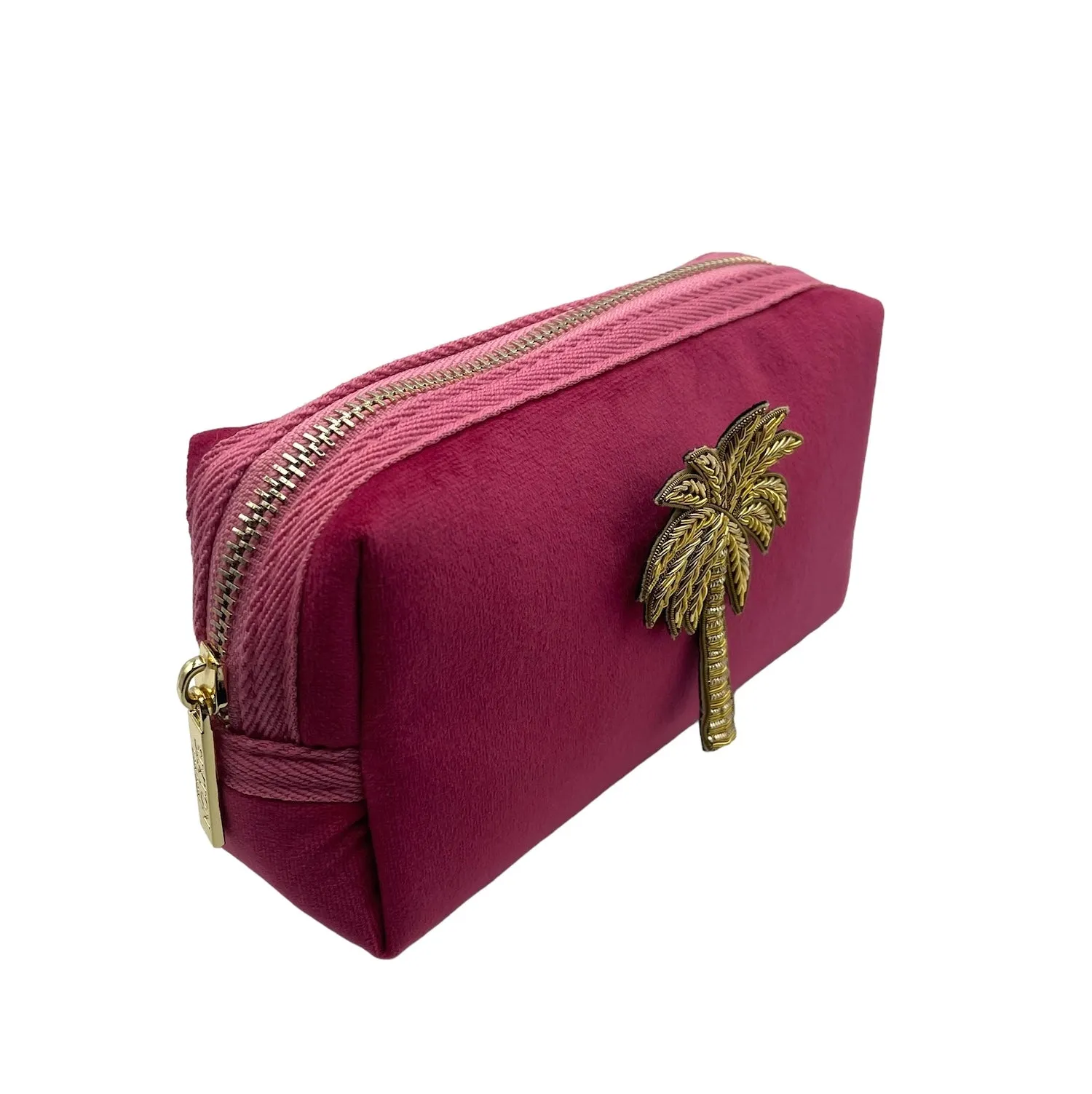 Bright pink make-up bag & palm tree pin - recycled velvet