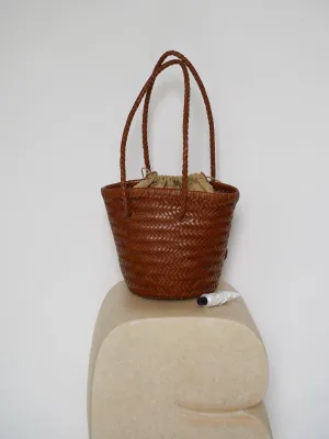 Cowhide Leather Hand Woven Bucket Bag | Open Rattan Woven Triple Jump Bamboo Ladies Hobo Holiday Bag | Weekend Basket Bag | Small Beach Bag