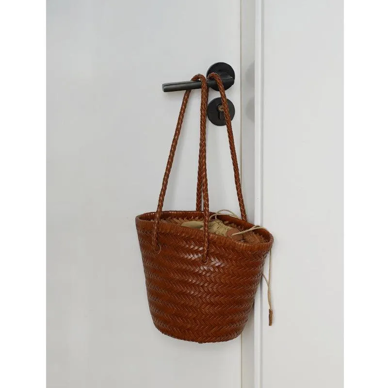 Cowhide Leather Hand Woven Bucket Bag | Open Rattan Woven Triple Jump Bamboo Ladies Hobo Holiday Bag | Weekend Basket Bag | Small Beach Bag