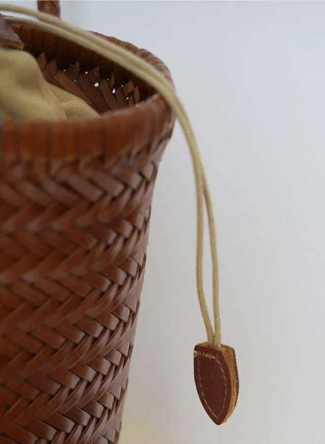 Cowhide Leather Hand Woven Bucket Bag | Open Rattan Woven Triple Jump Bamboo Ladies Hobo Holiday Bag | Weekend Basket Bag | Small Beach Bag