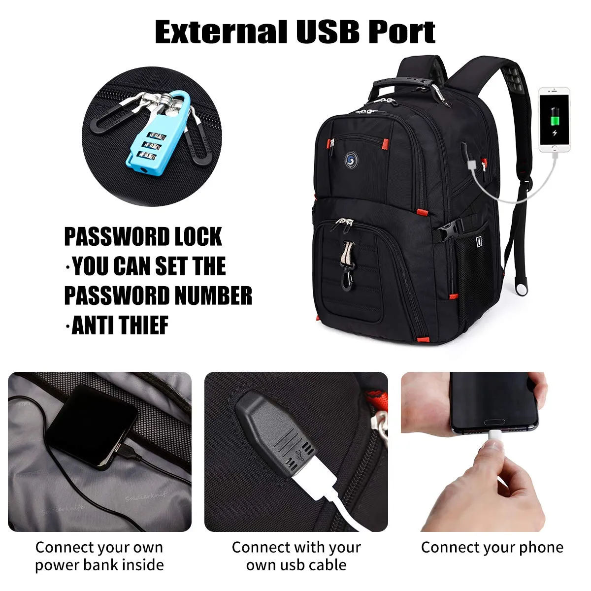 Extra Large 50L Travel Laptop Backpack with USB Charging Port Fit  17 Inch Laptops  | Black