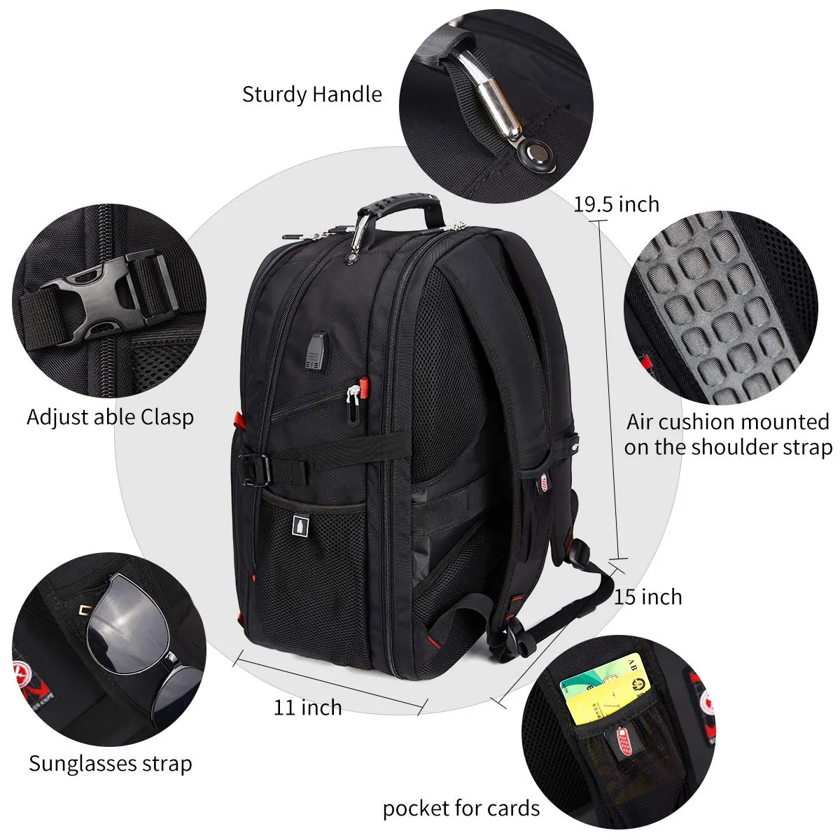 Extra Large 50L Travel Laptop Backpack with USB Charging Port Fit  17 Inch Laptops  | Black