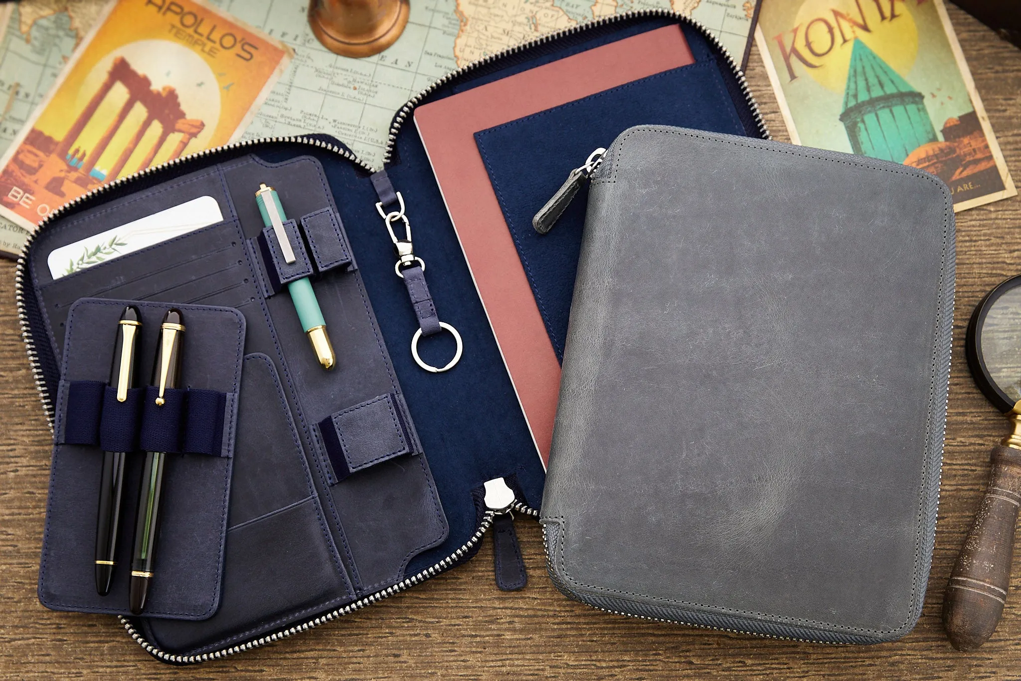 Galen Leather Zippered A5 Notebook Folio - Crazy Horse Navy Blue