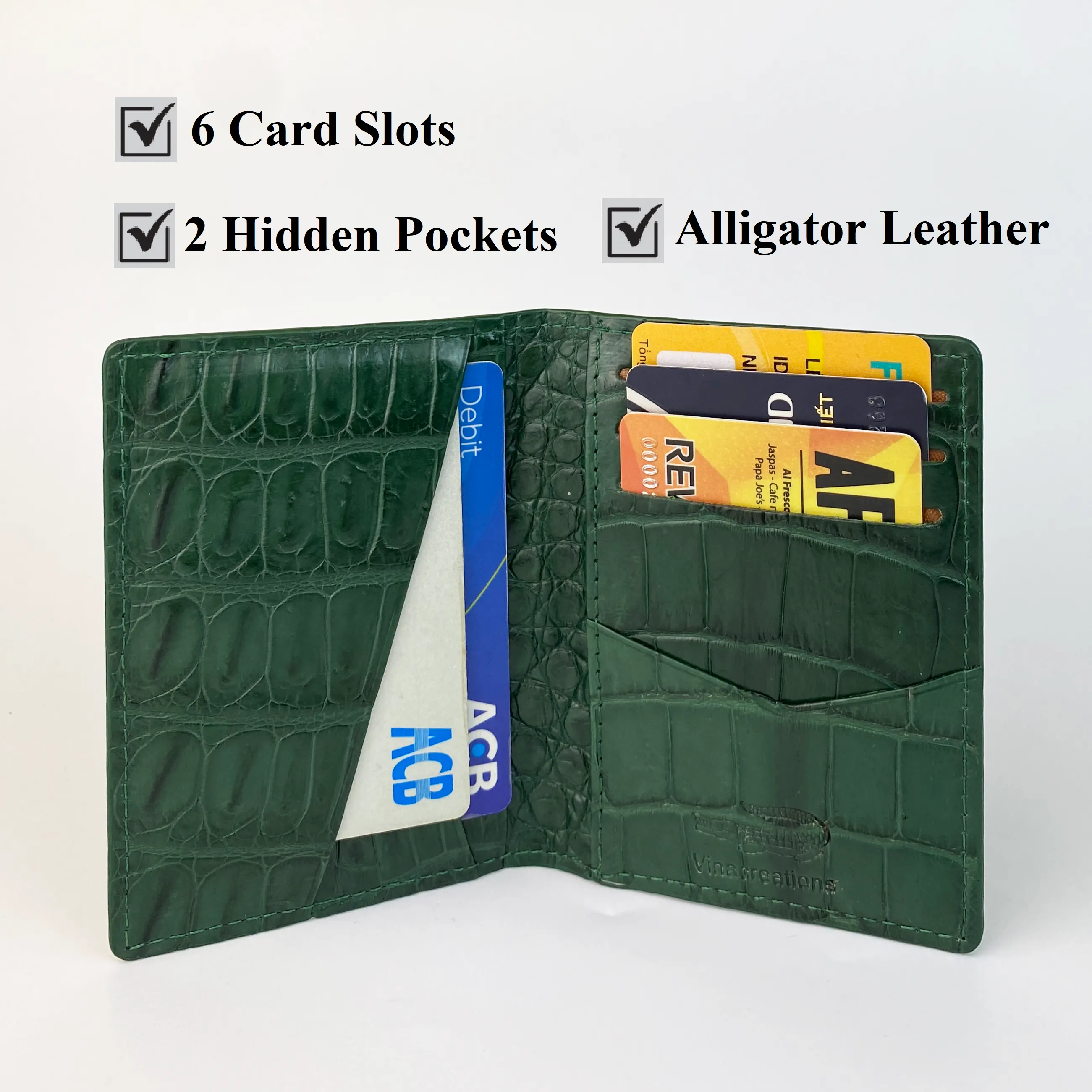 Green Alligator Leather Bifold Credit Card Holder Double Side | RFID Blocking | GREEN-CARD-14