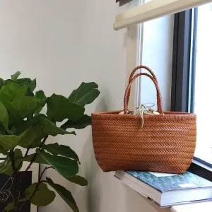 Leather Handbag Genuine Leather Bag Woven Leather Handbag | Hand Woven Triple Jump Bamboo Style Ladies Hobo Holiday Bag, Weekend Basket Bag