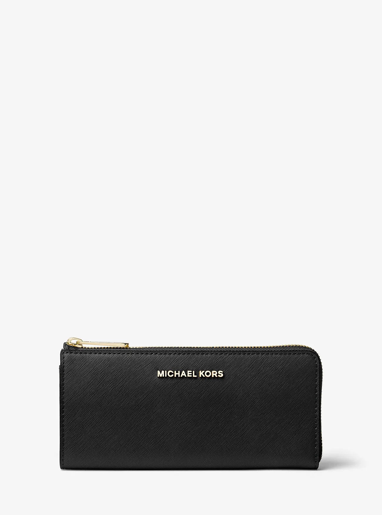 Michael Kors Saffiano Leather Large Jet Set Travel Wallet with Quarter Zip, Black