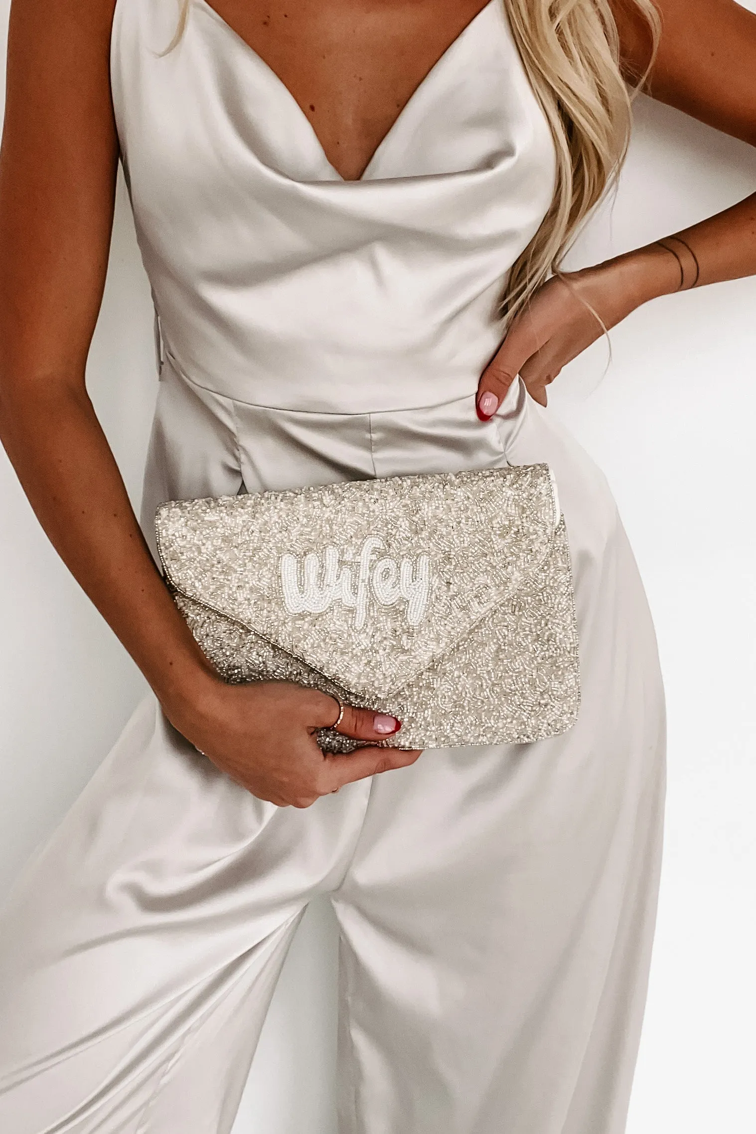 "Wifey" Beaded Envelope Clutch (Silver)