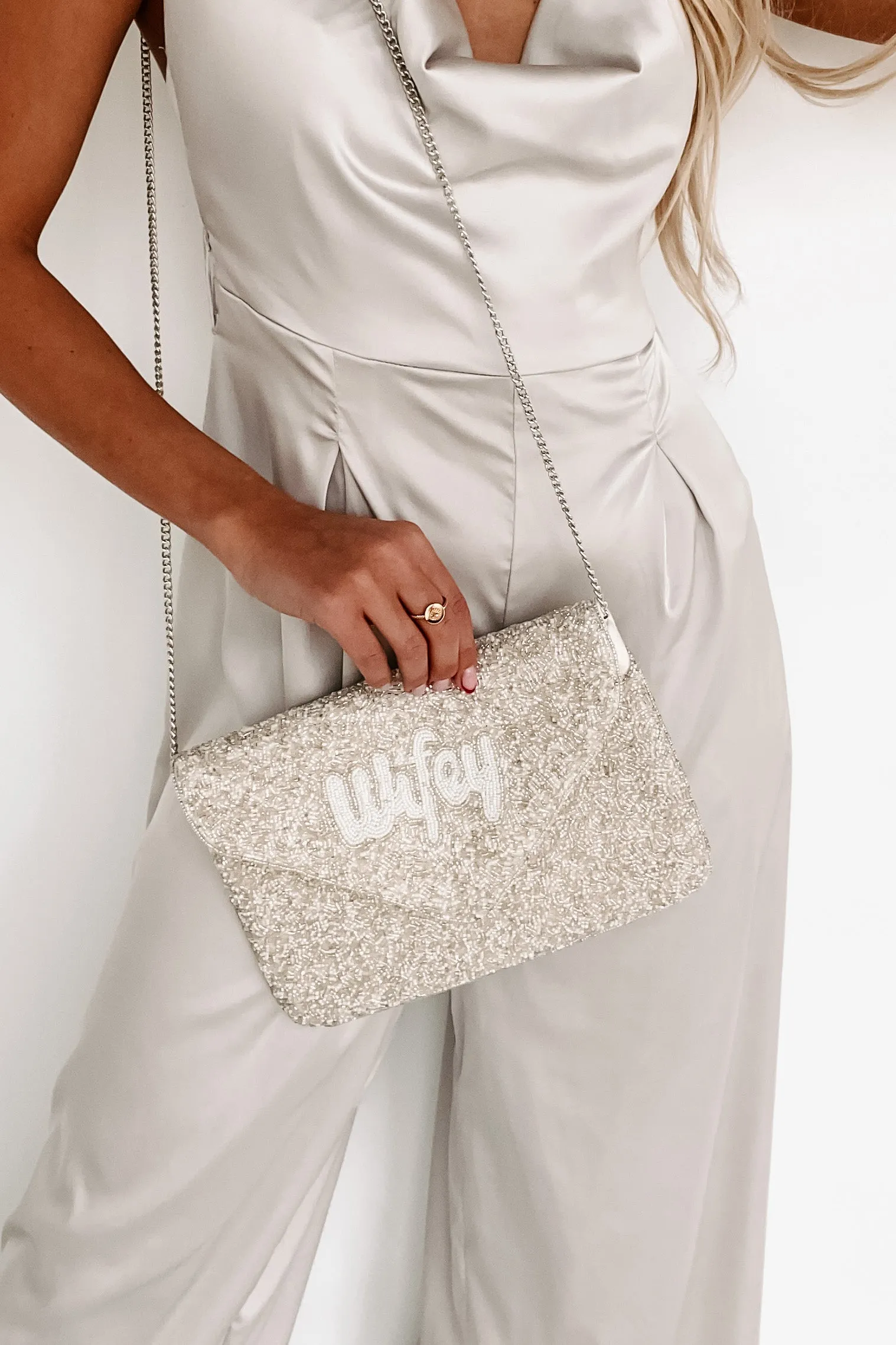 "Wifey" Beaded Envelope Clutch (Silver)