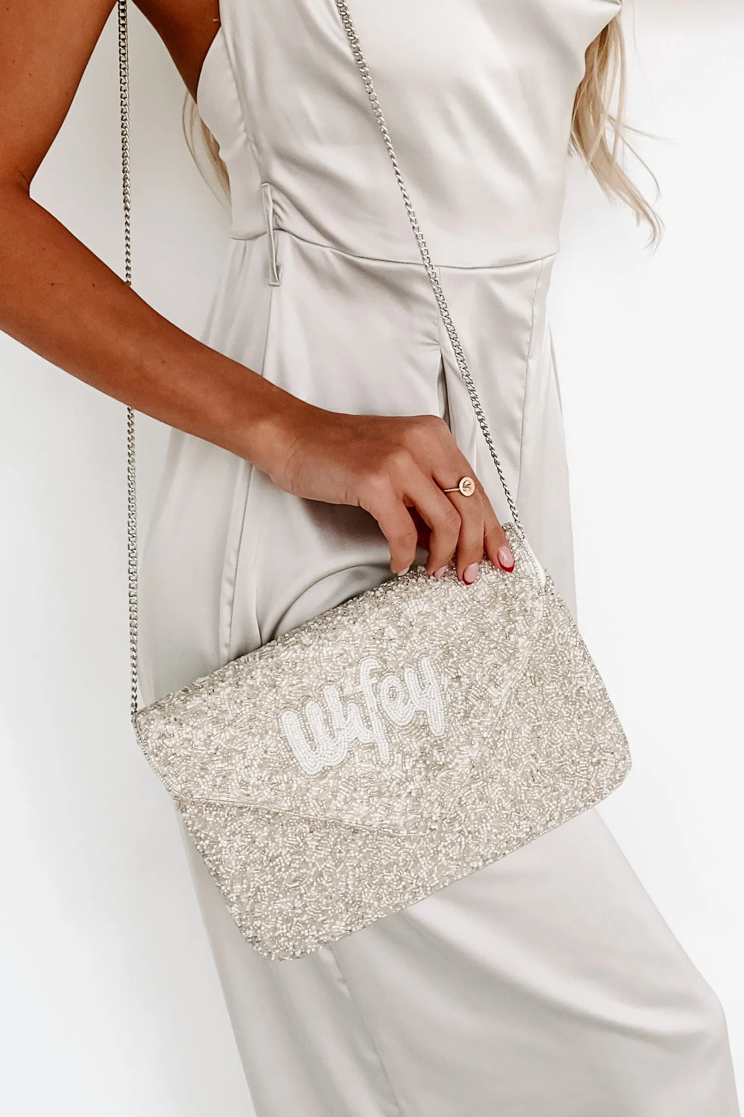 "Wifey" Beaded Envelope Clutch (Silver)