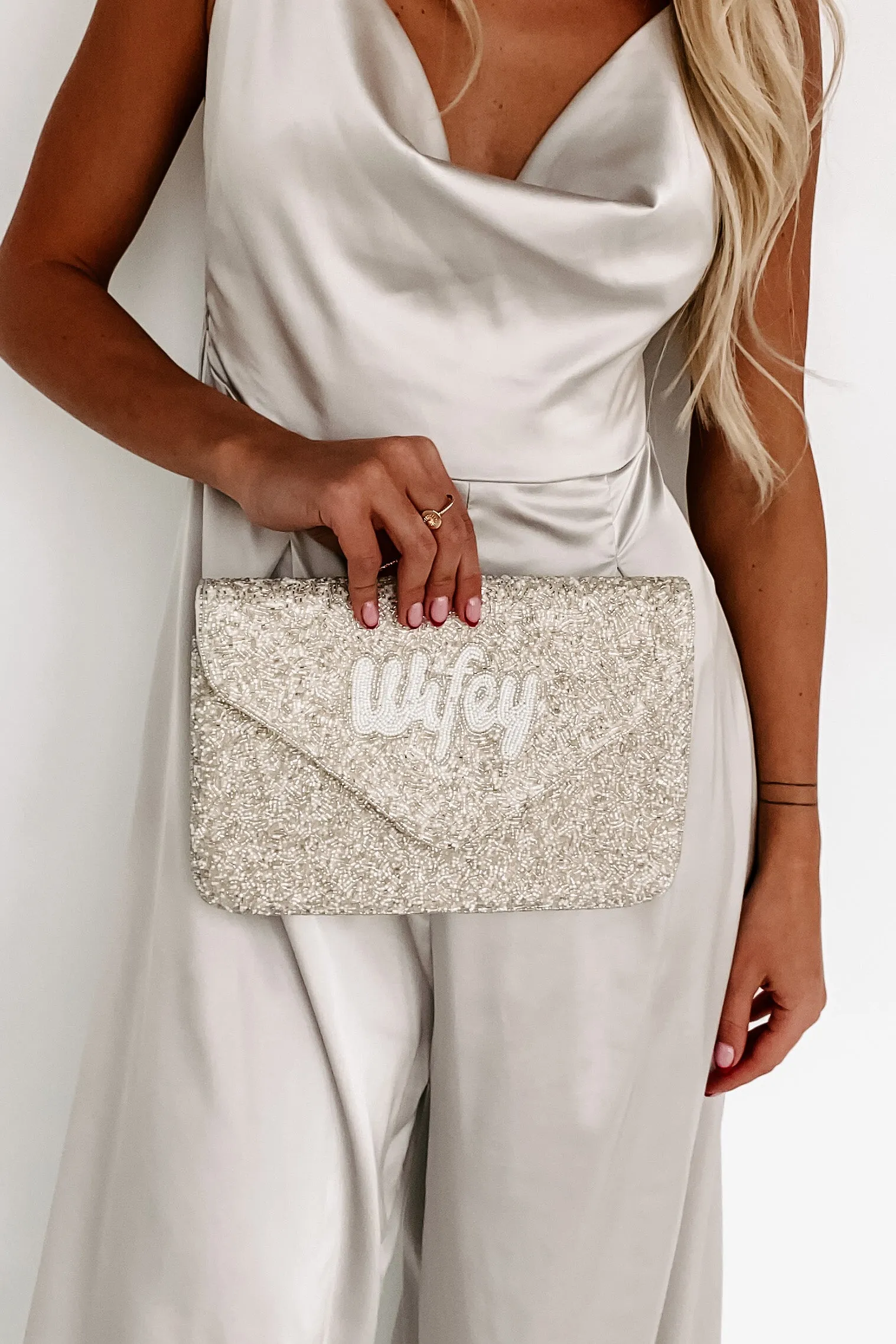 "Wifey" Beaded Envelope Clutch (Silver)