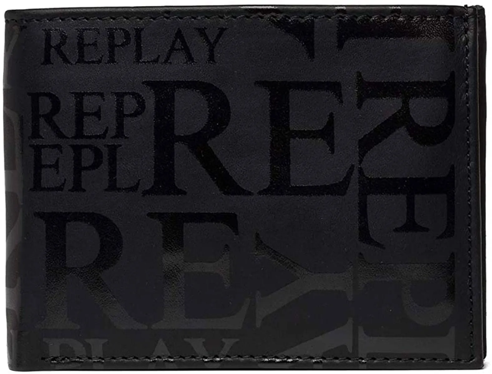 Replay Mens Wallet In Black Leather Multi Logo