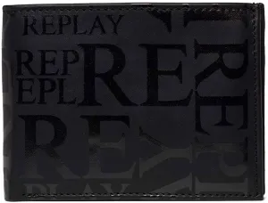 Replay Mens Wallet In Black Leather Multi Logo