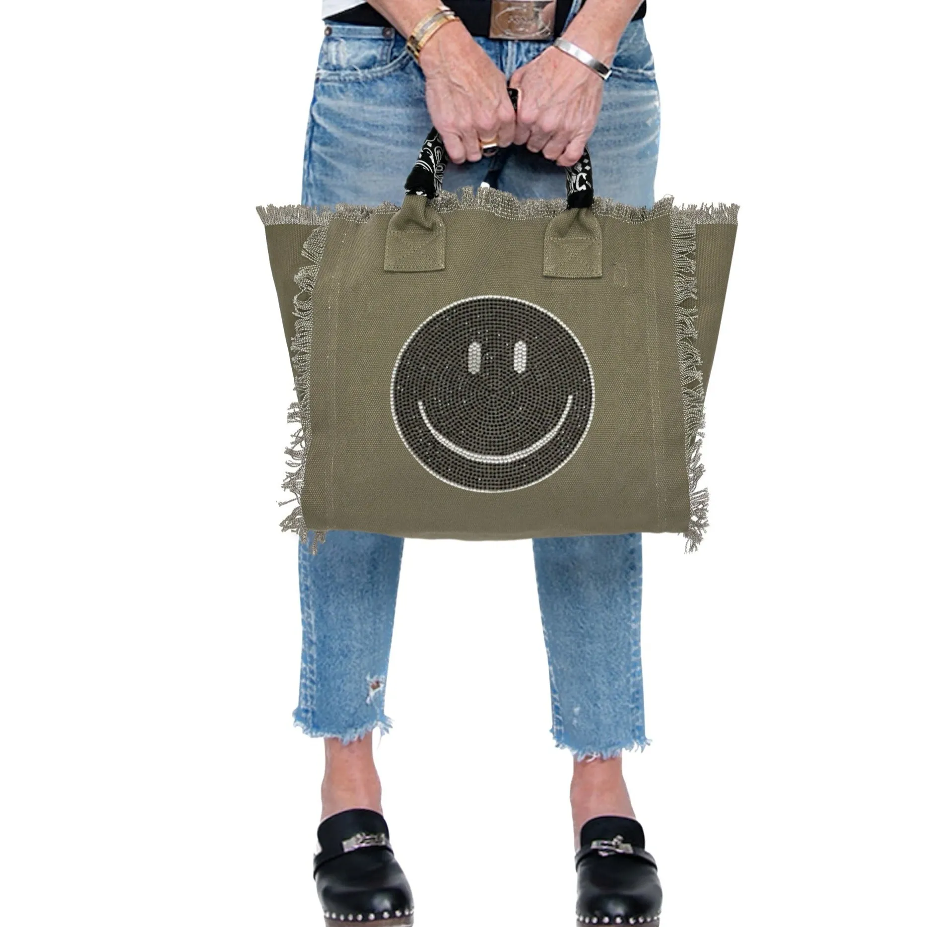 Smile Black Crystal Fringe Canvas Bag