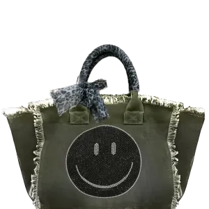 Smile Black Crystal Fringe Canvas Bag