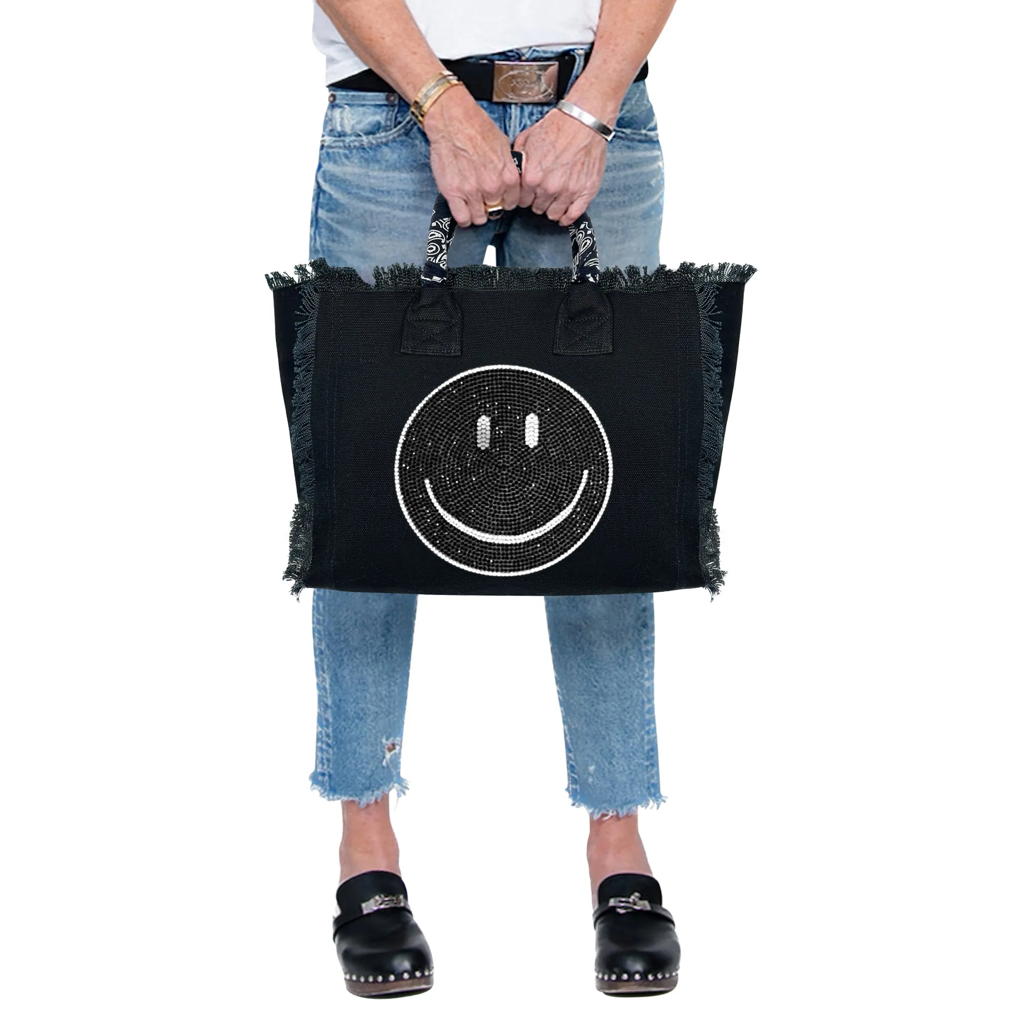 Smile Black Crystal Fringe Canvas Bag