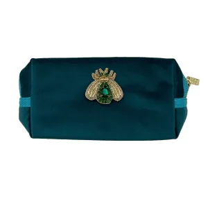 Teal small make-up bag & jewelled insect - recycled velvet