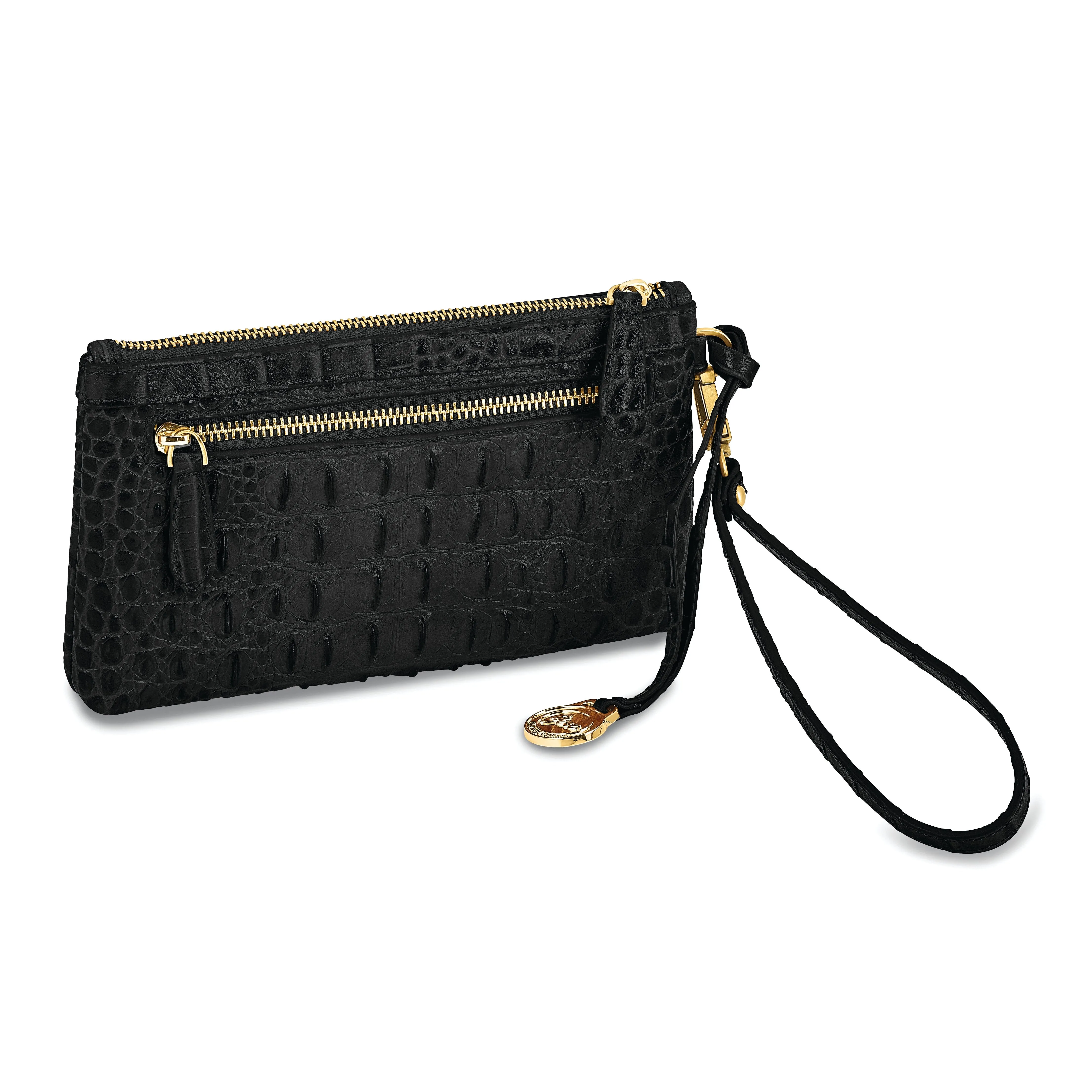 Top Grain Leather Croc Texture Black Clutch Crossbody Bag