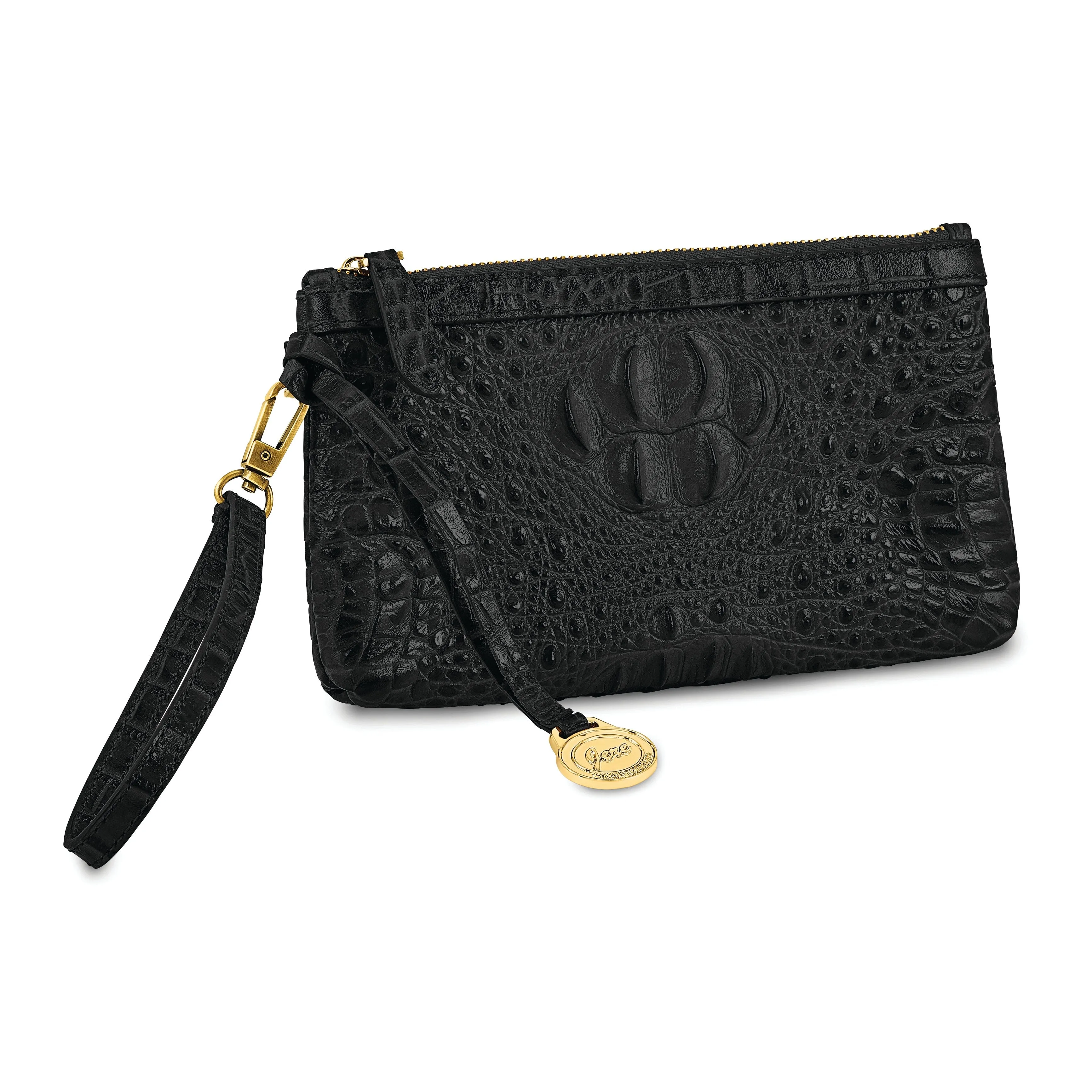 Top Grain Leather Croc Texture Black Clutch Crossbody Bag