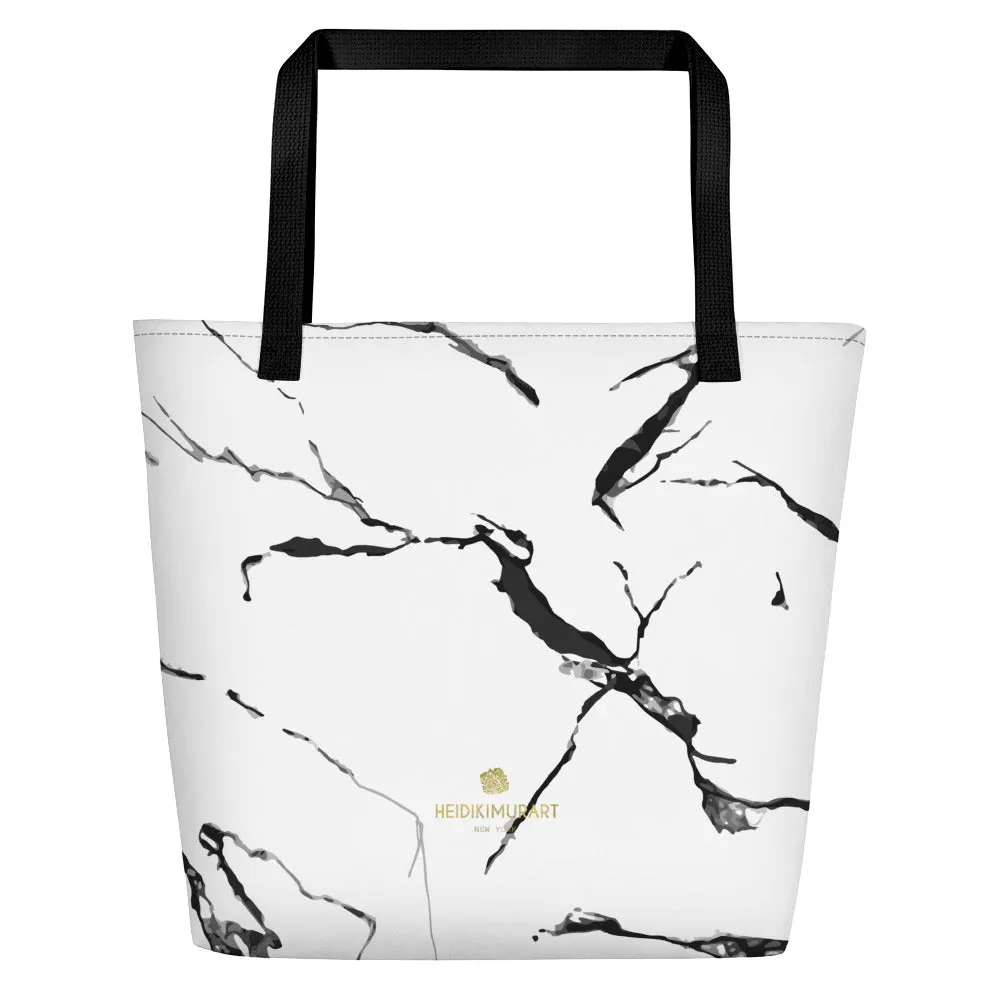 White Marble Tote Bag, Marbled Print Best 16"x20" Large Beach Tote Bag With Inside Pocket-Made in USA/EU