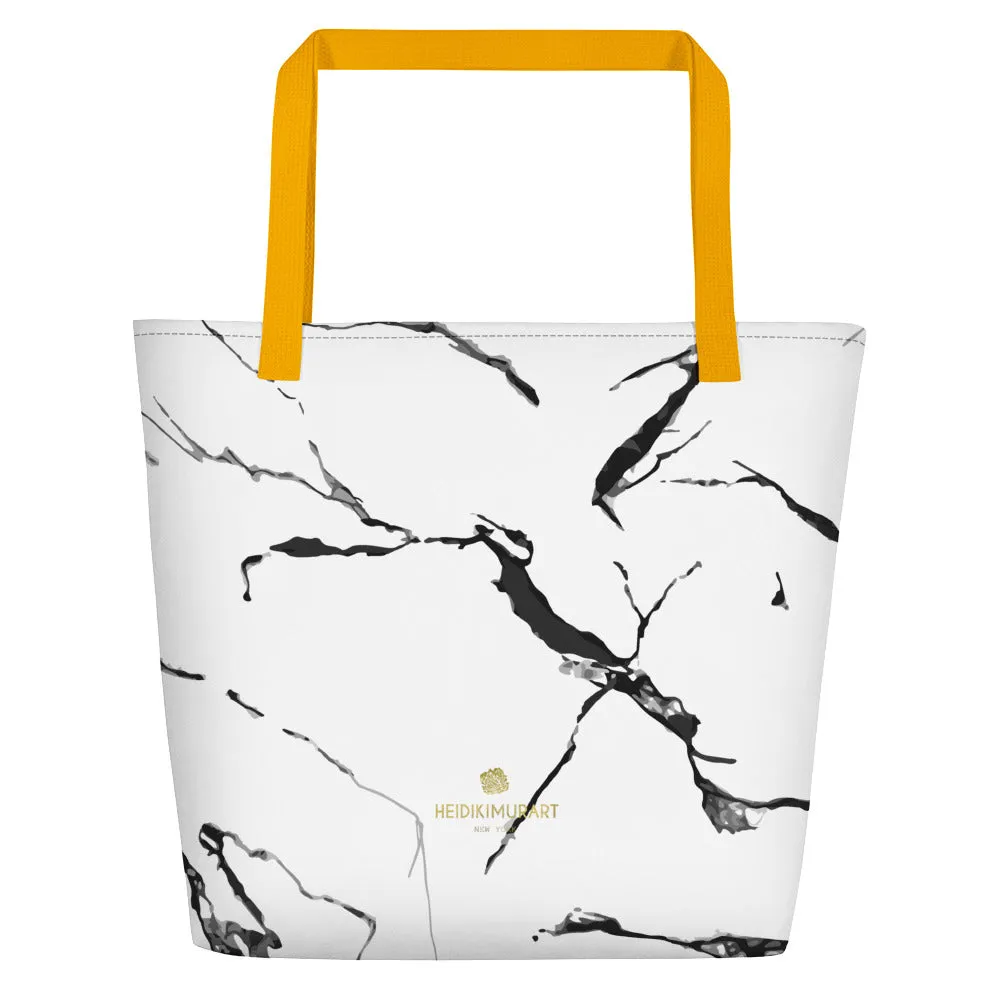 White Marble Tote Bag, Marbled Print Best 16"x20" Large Beach Tote Bag With Inside Pocket-Made in USA/EU