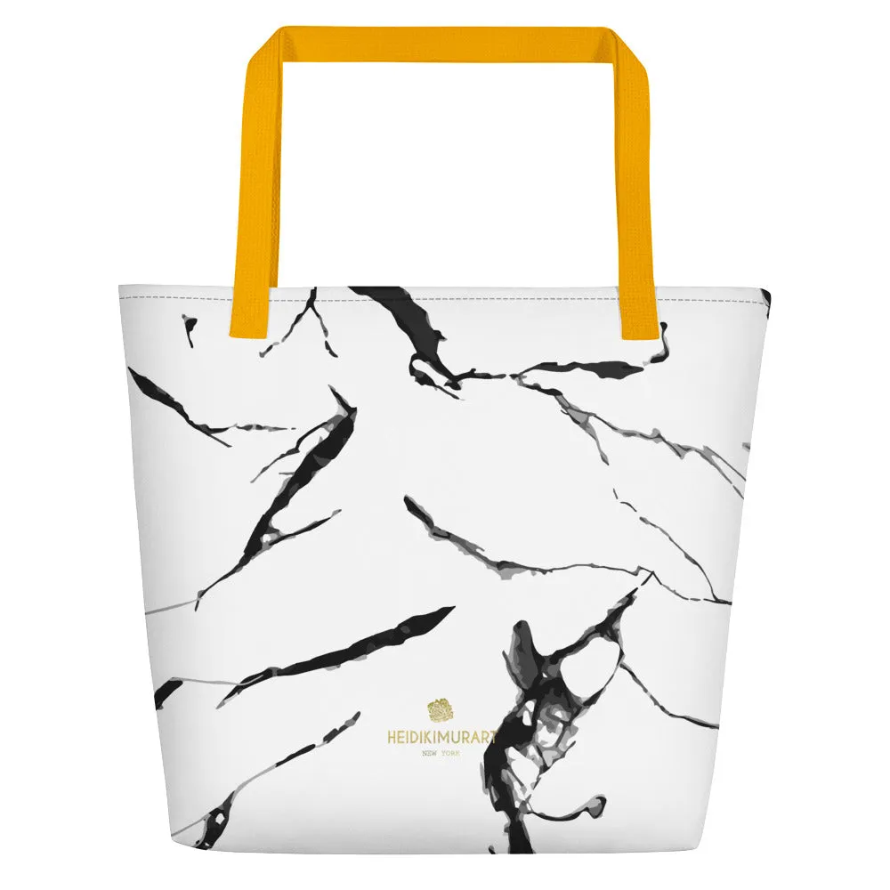 White Marble Tote Bag, Marbled Print Best 16"x20" Large Beach Tote Bag With Inside Pocket-Made in USA/EU