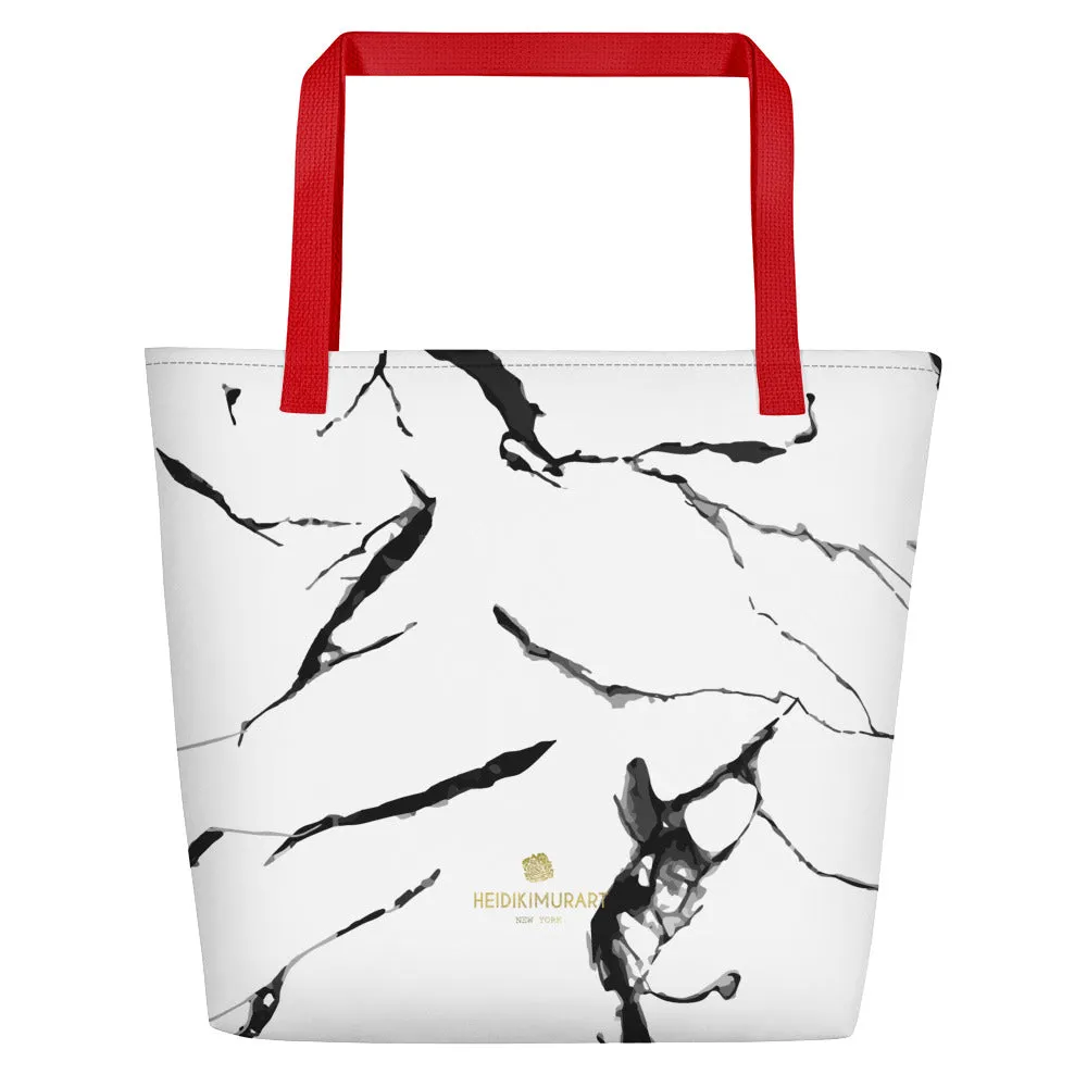 White Marble Tote Bag, Marbled Print Best 16"x20" Large Beach Tote Bag With Inside Pocket-Made in USA/EU