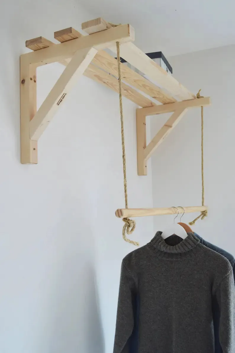 Wooden Bracket Shelf With Hanging Rope/Timber Clothes Rack By Miza